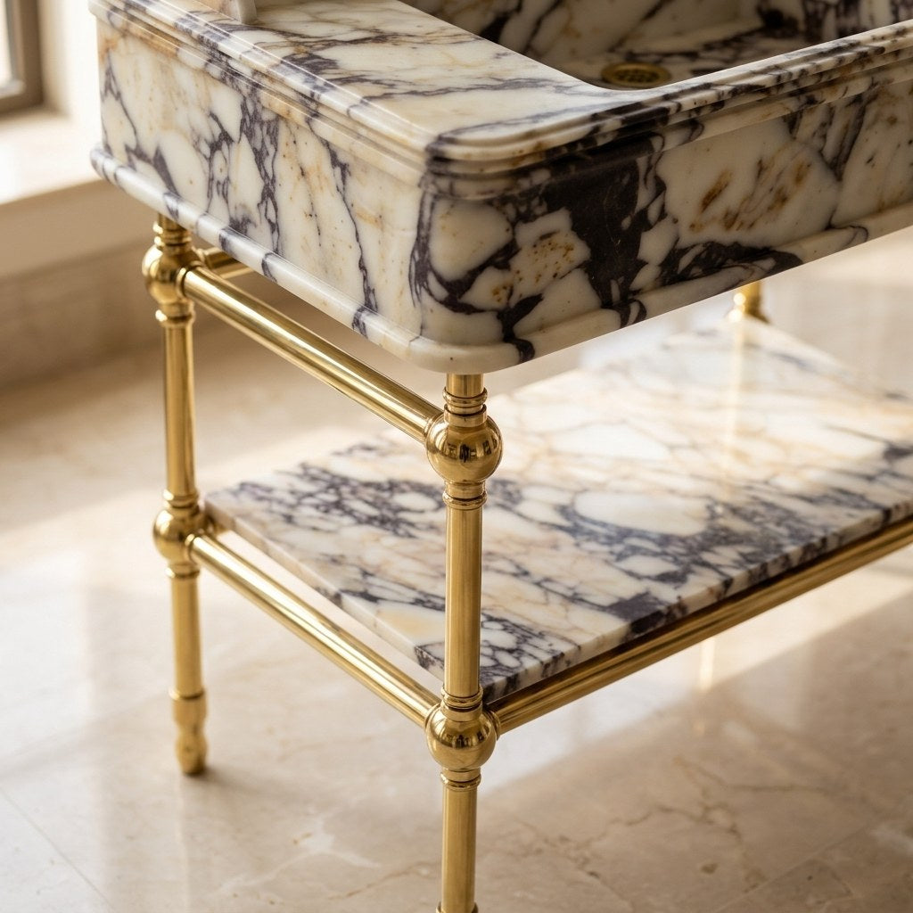 Calacatta Viola Marble Sink with Brass Gold Stand — detail — view 4