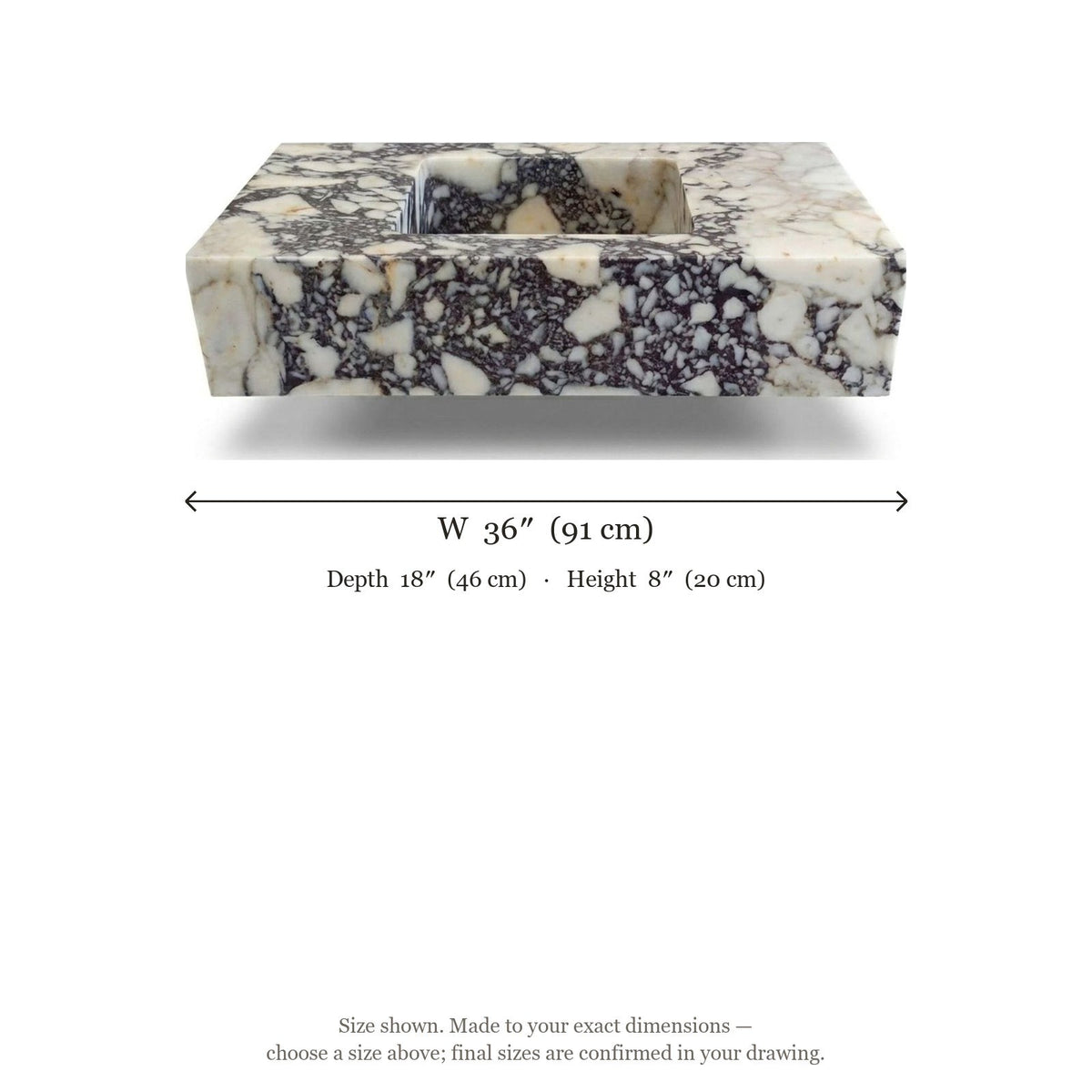 Calacatta Viola Polished Rectangular Marble Sink — dimensions — view 5