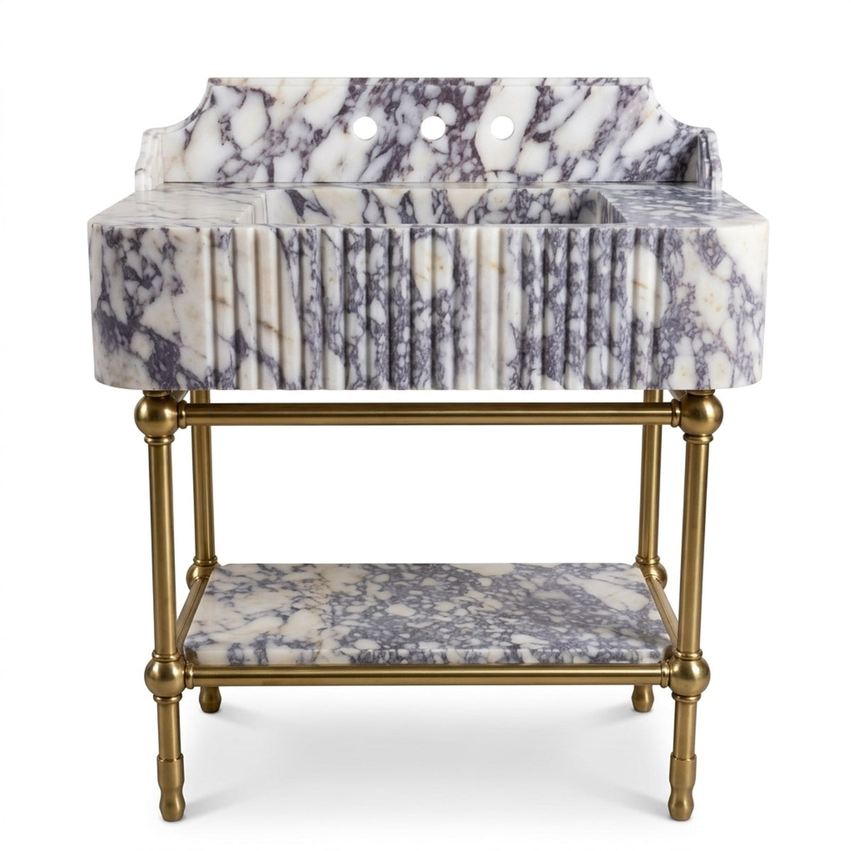 Calacatta Viola Fluted Marble Sink with Brass Stand and Backsplash — view 1