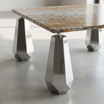 Honed Travertine Table with Brushed Steel Legs — detail