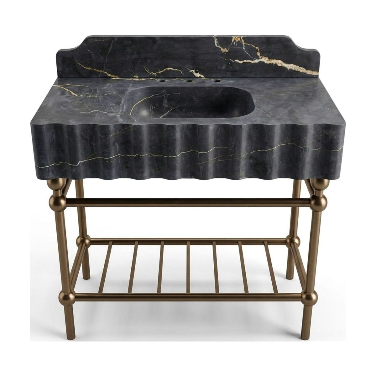 Pietra Notte Fluted Marble Sink with Metal Stand and Backsplash — view 1