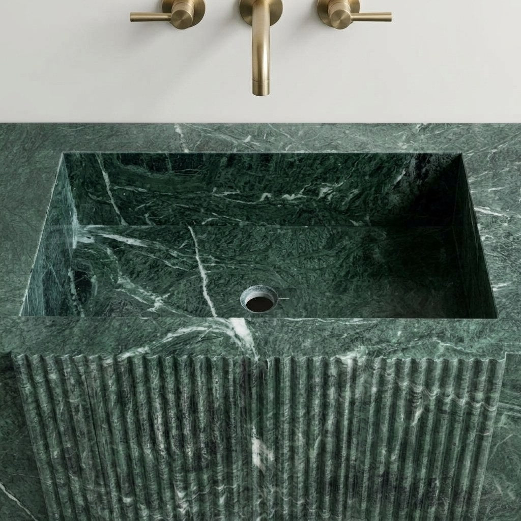 Verde Polished Fluted Marble Sink — detail — view 4