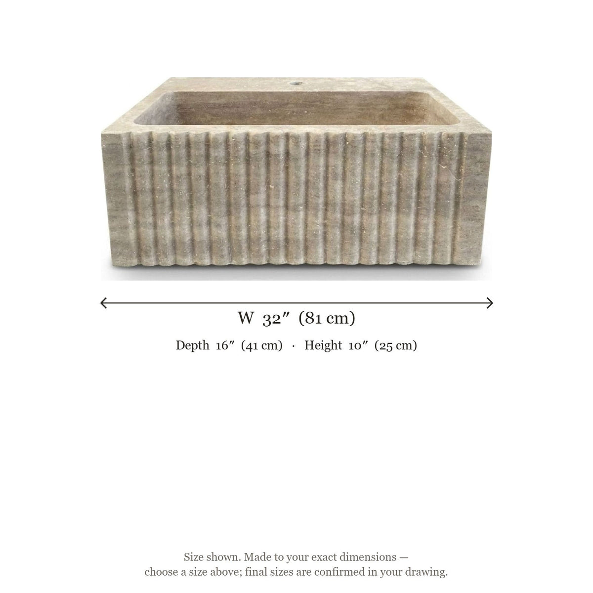 Travertine Fluted Rectangular Honed Sink — dimensions — view 5
