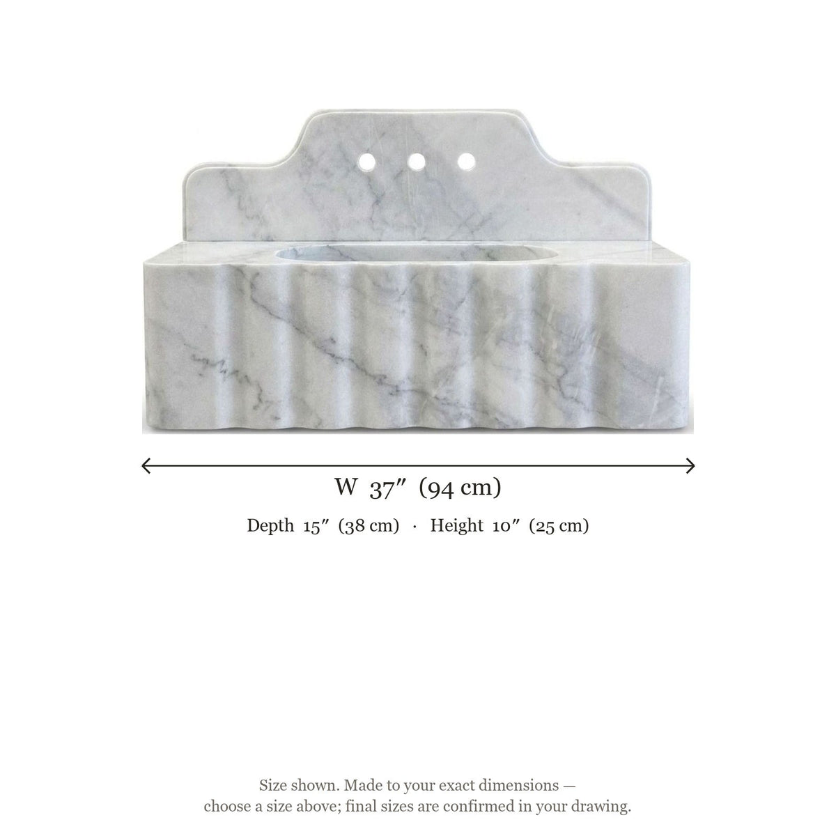 Carrara Fluted Marble Sink with Backsplash — dimensions — view 5