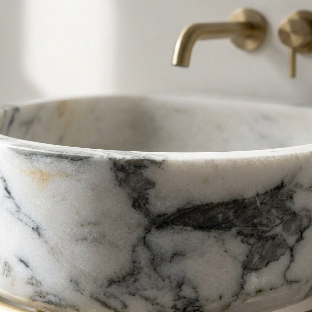 Carrara Marble Round Sink with Brass Stand — marble detail — view 3