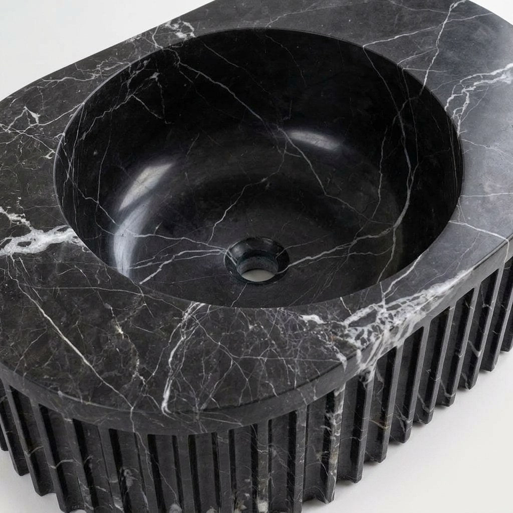 Pietra Notte Fluted Marble Vessel Sink — detail — view 4