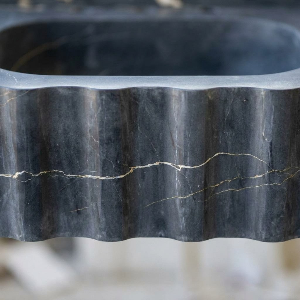 Pietra Notte Fluted Marble Sink with Metal Stand and Backsplash — marble detail — view 3