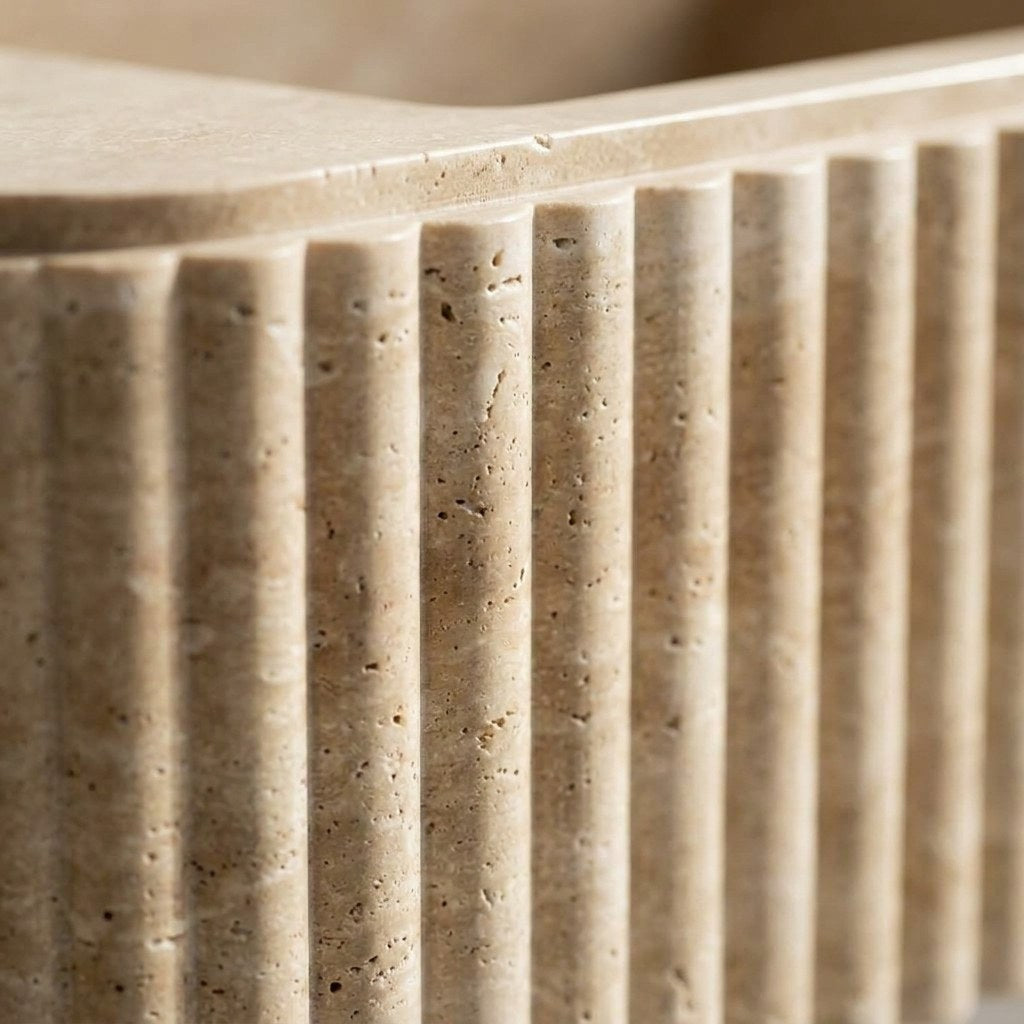 Travertine Fluted Sink with Copper Stand — marble detail — view 3