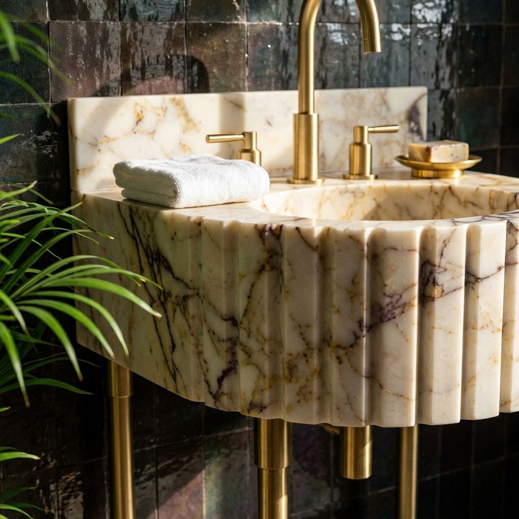 Calacatta Viola Fluted Marble Sink with Brass Stand and Backsplash — premium — view 2