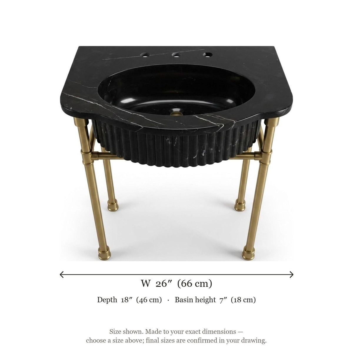 Nero Marquina Fluted Marble Sink with Brass Stand — dimensions — view 5