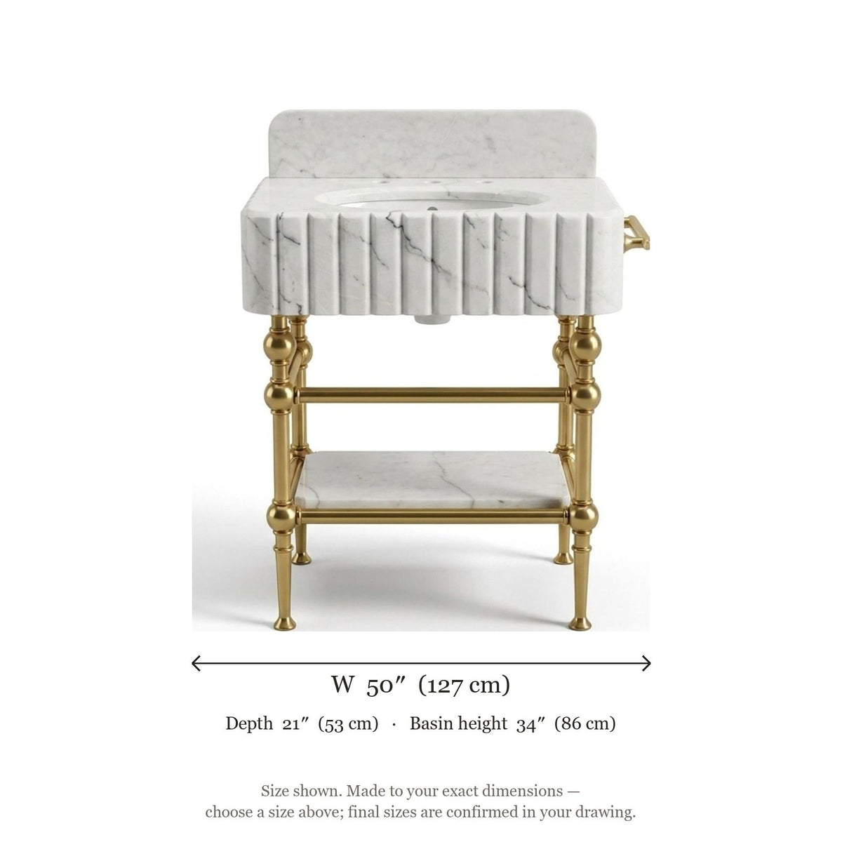Carrara Fluted Marble Vanity with Brass Gold Stand — dimensions — view 5