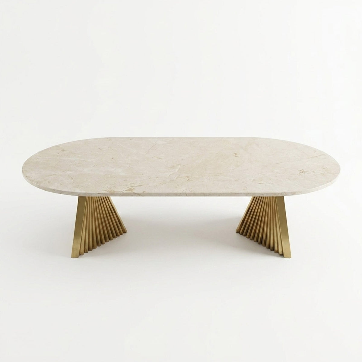 Polished Travertine Oval Table with Brass Base