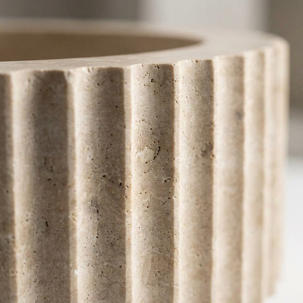 Honed Travertine Fluted Vessel Sink — marble detail — view 3