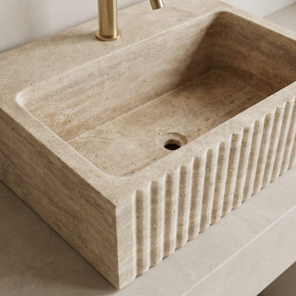 Travertine Fluted Rectangular Honed Sink — detail — view 4