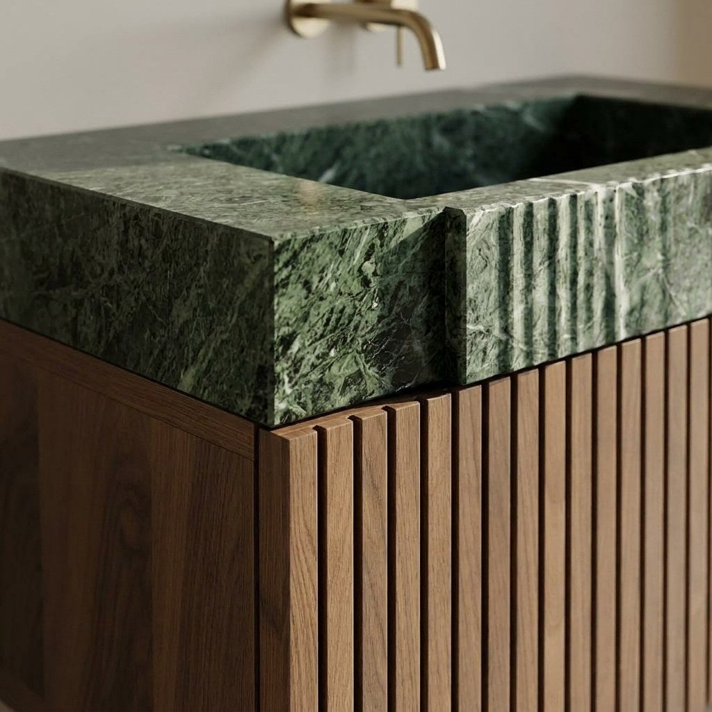 Verde Fluted Marble Vanity with Wood Cabinet — detail — view 3
