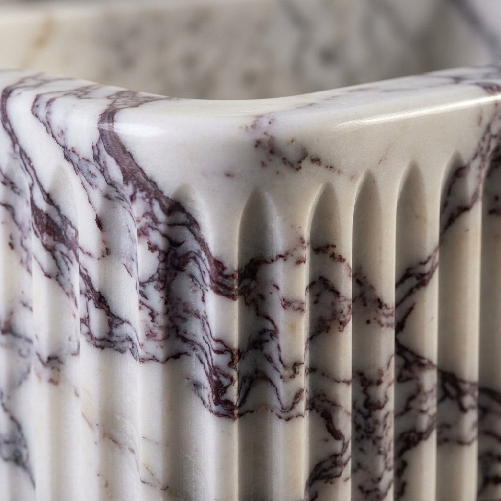 Calacatta Viola Fluted Marble Sink with Backsplash — marble detail — view 2