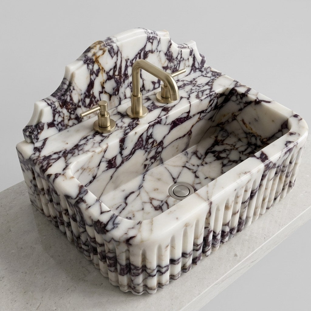 Calacatta Viola Fluted Marble Sink with Backsplash — detail — view 4