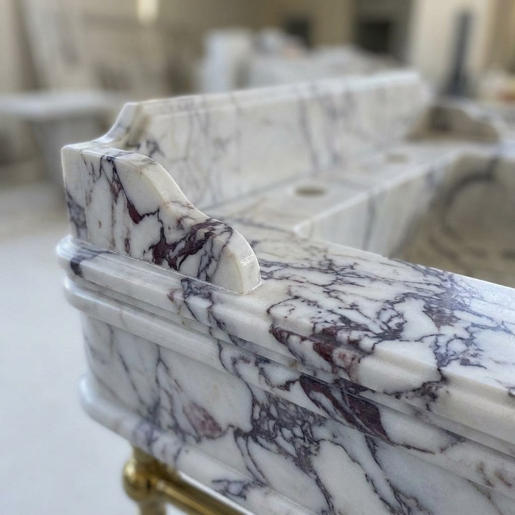 Calacatta Viola Marble Sink with Brass Gold Stand — marble detail — view 3