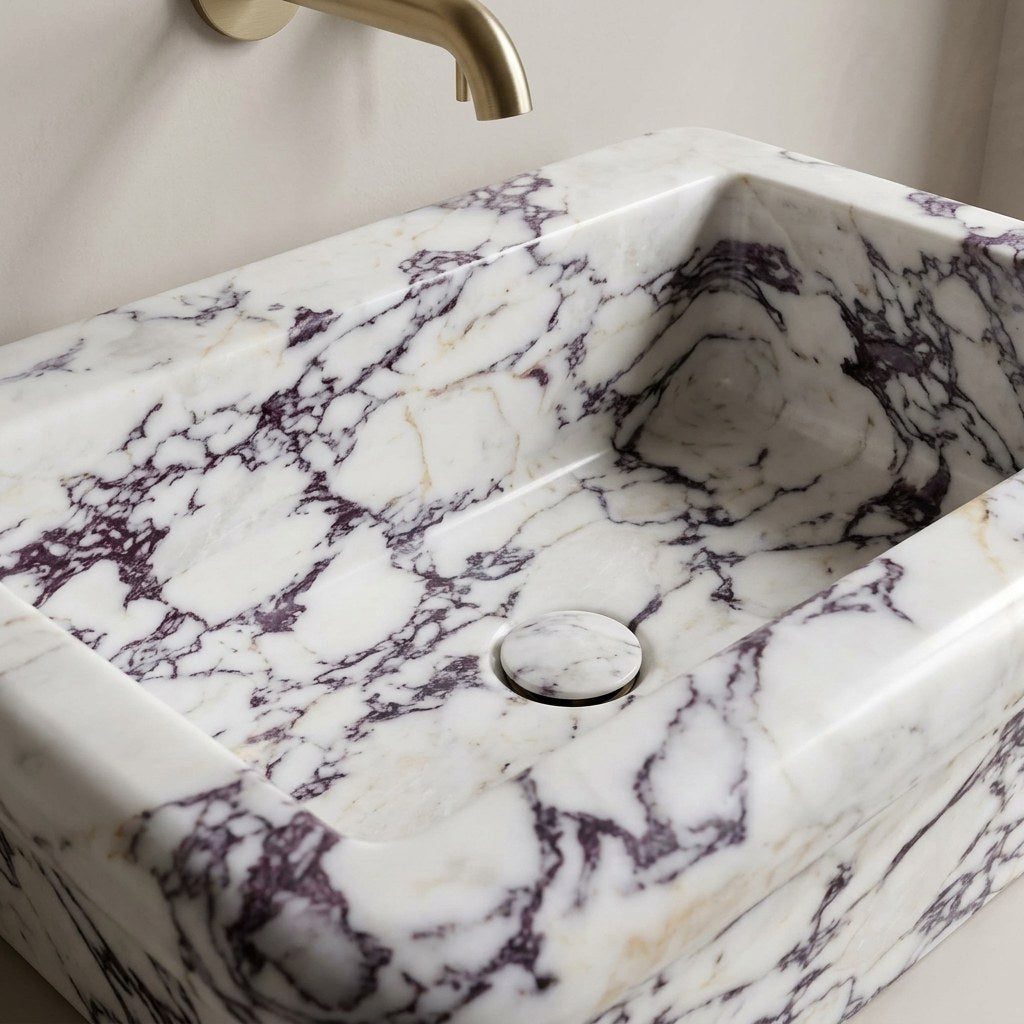 Calacatta Viola Polished Rectangular Marble Vessel Sink — detail — view 4