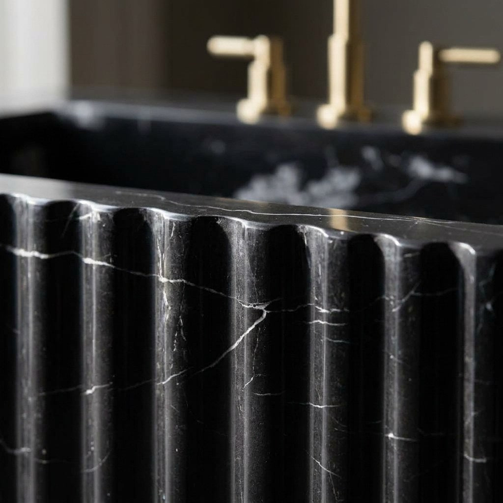 Nero Marquina Fluted Polished Marble Sink — marble detail — view 3