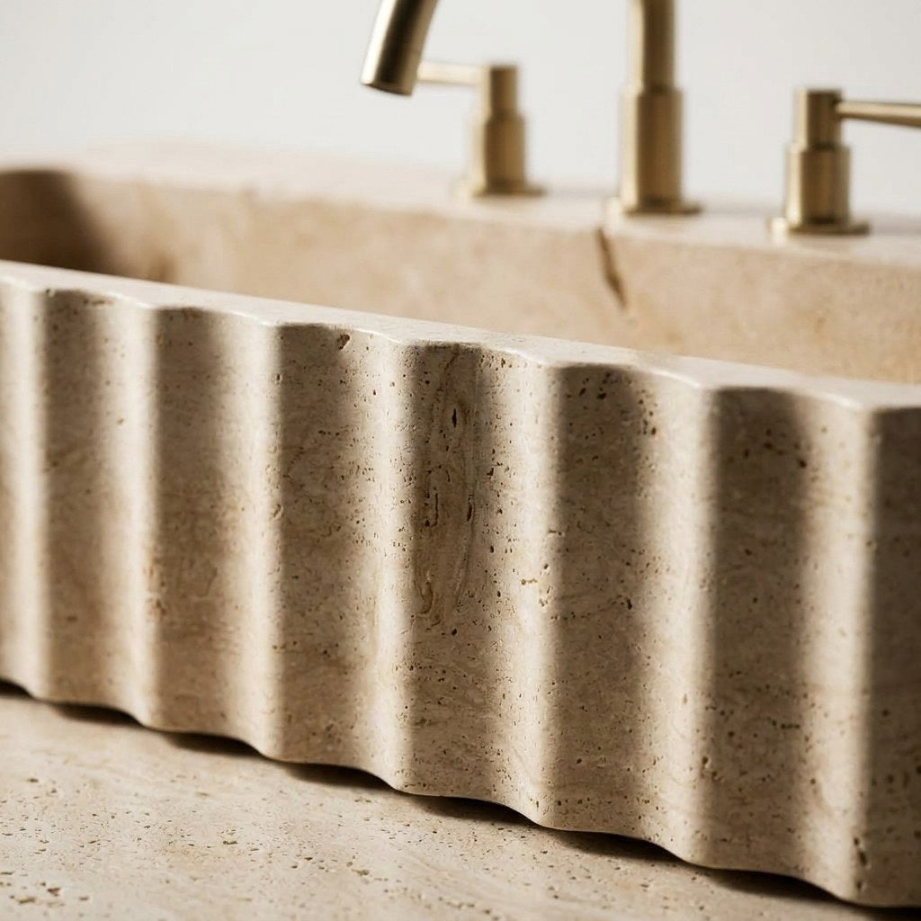 Polished Fluted Travertine Sink with 3 Faucet Holes — marble detail — view 2