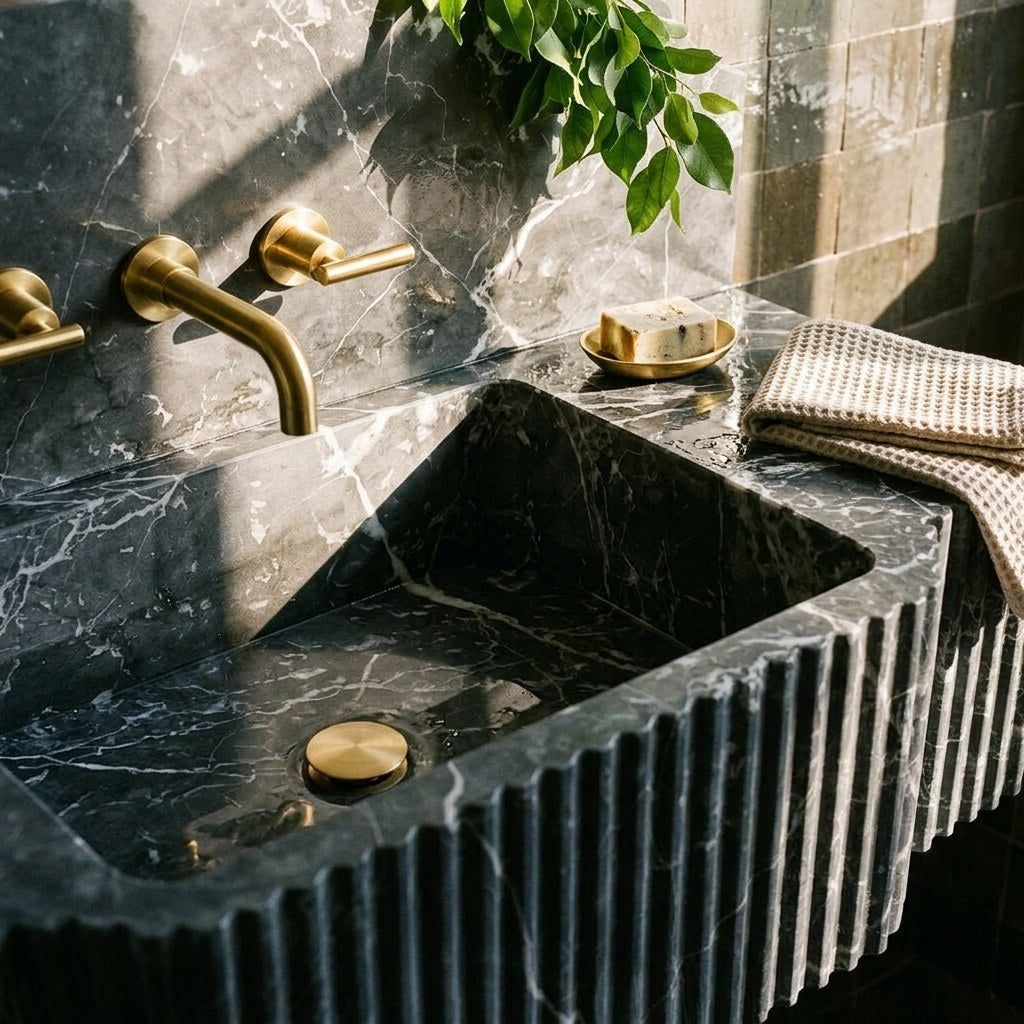 Pietra Notte Fluted Marble Sink with Backsplash — premium — view 2