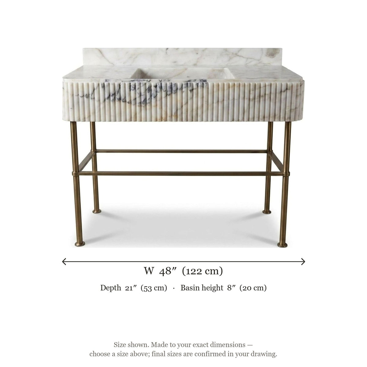 Calacatta Gold Fluted Marble Sink with Brushed Steel Stand — dimensions — view 5