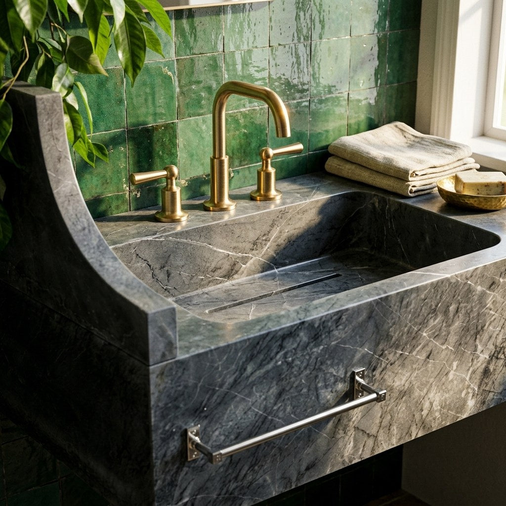 Honed Grey Marble Sink with Integrated Backsplash — premium — view 2