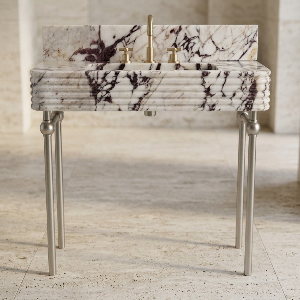 Calacatta Viola Fluted Marble Console Sink with Brushed Steel Stand — detail — view 4