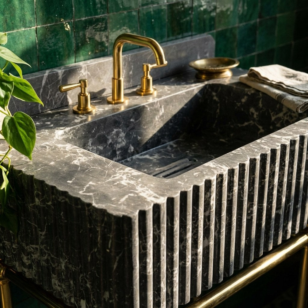 Pietra Notte Fluted Marble Sink with Brass Stand — premium — view 2