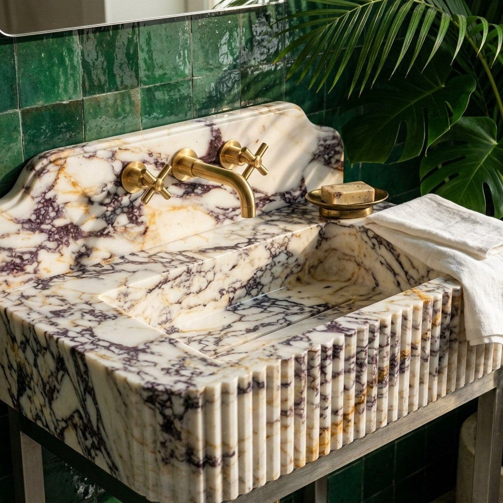 Calacatta Viola Fluted Marble Sink with Backsplash — premium — view 2