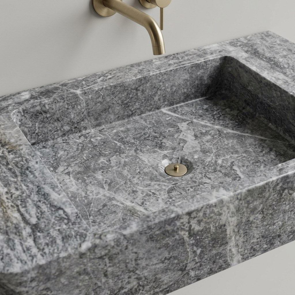 Grey Marble Rectangular Vessel Sink with Polished Finish — detail — view 4