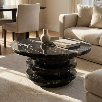 Nero Marquina Marble Round Table with Tiered Pedestal Base — premium