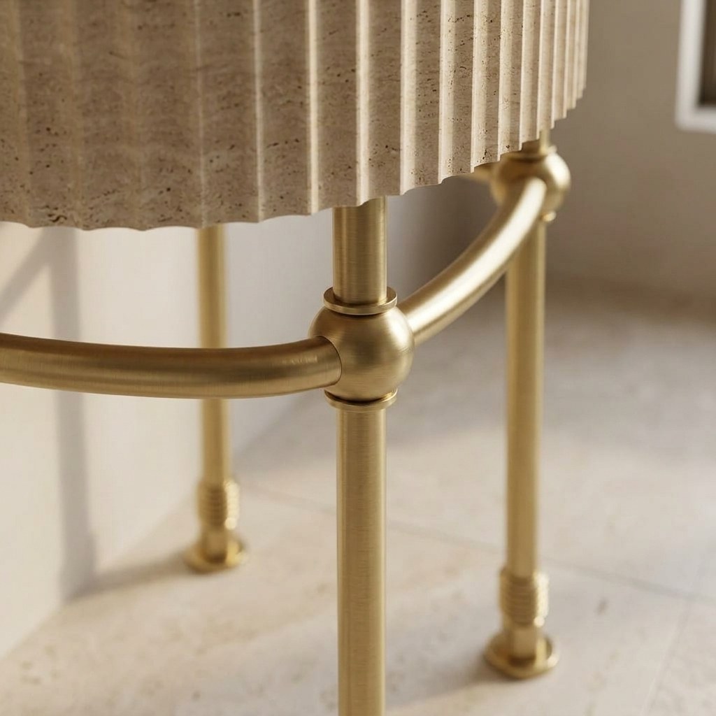 Travertine Fluted Sink with Brass Stand and Backsplash — detail — view 4