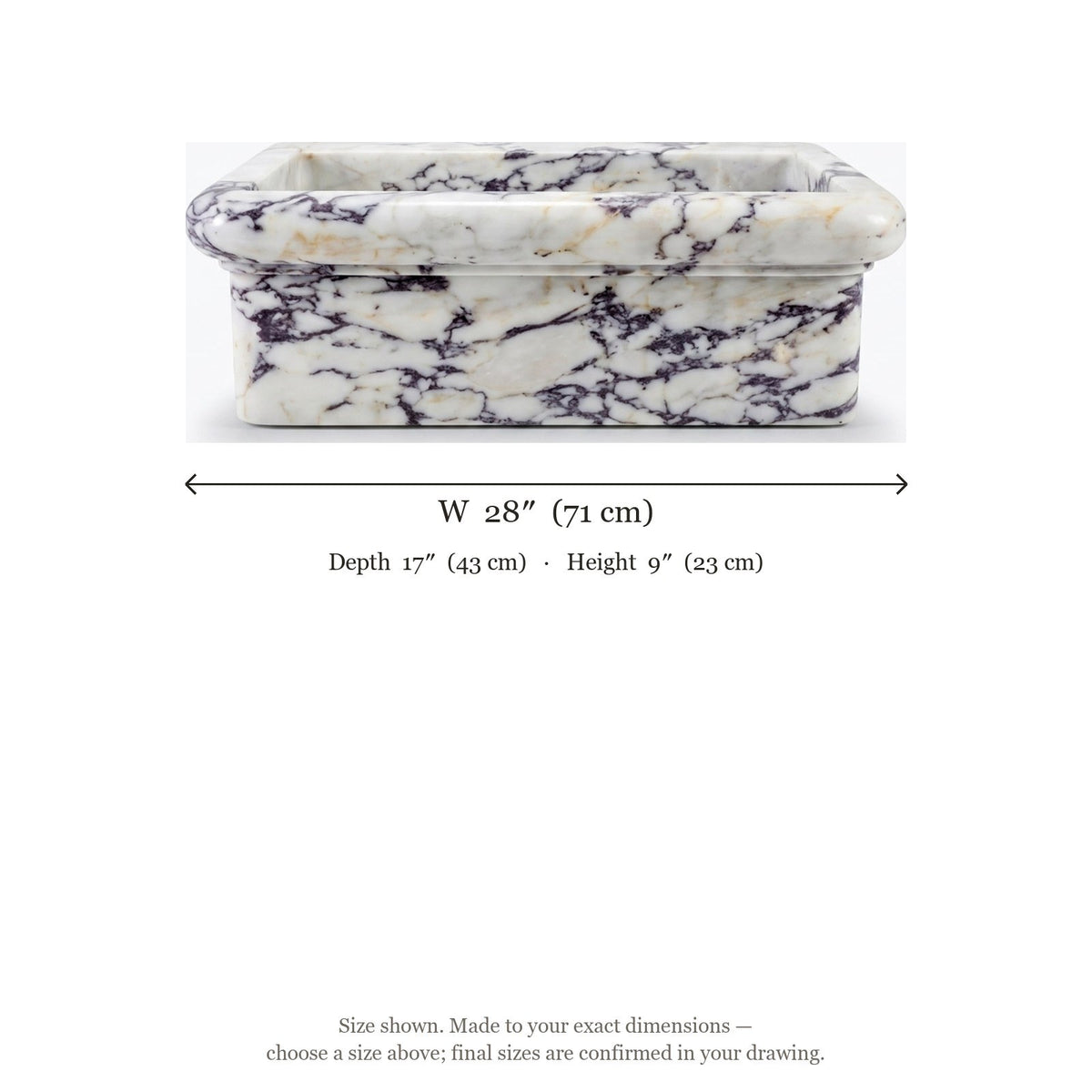Calacatta Viola Polished Rectangular Marble Vessel Sink — dimensions — view 5