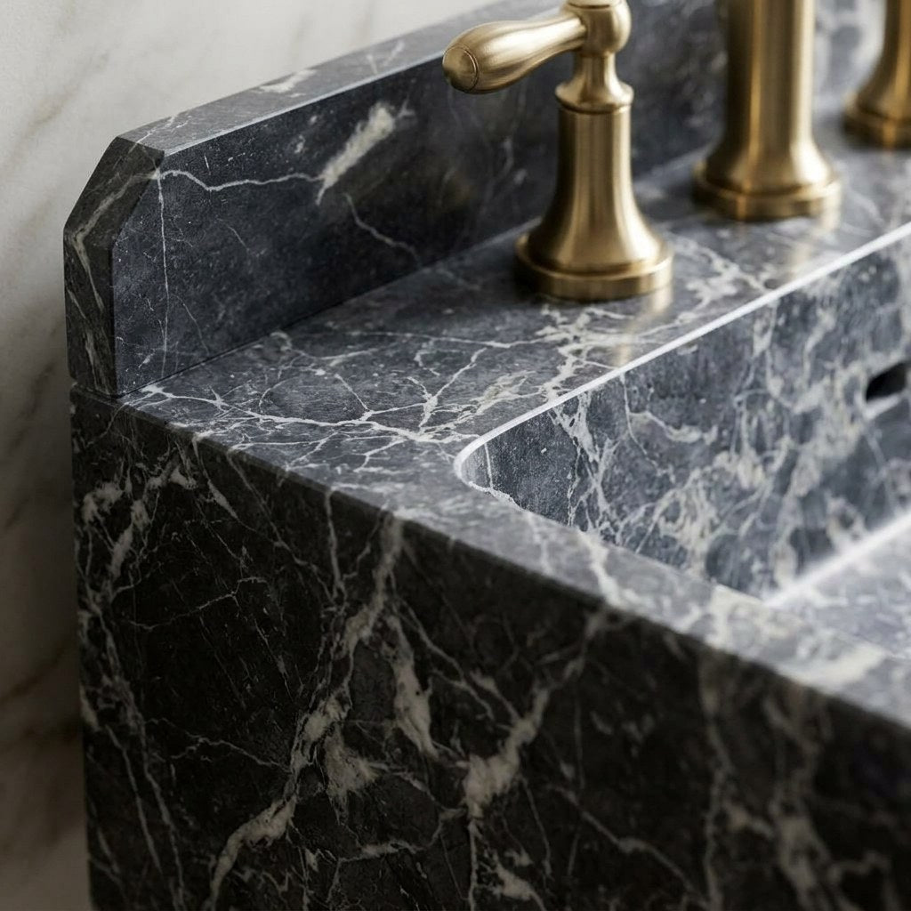Pietra Notte Marble Sink with Brass Stand and Backsplash — marble detail — view 3