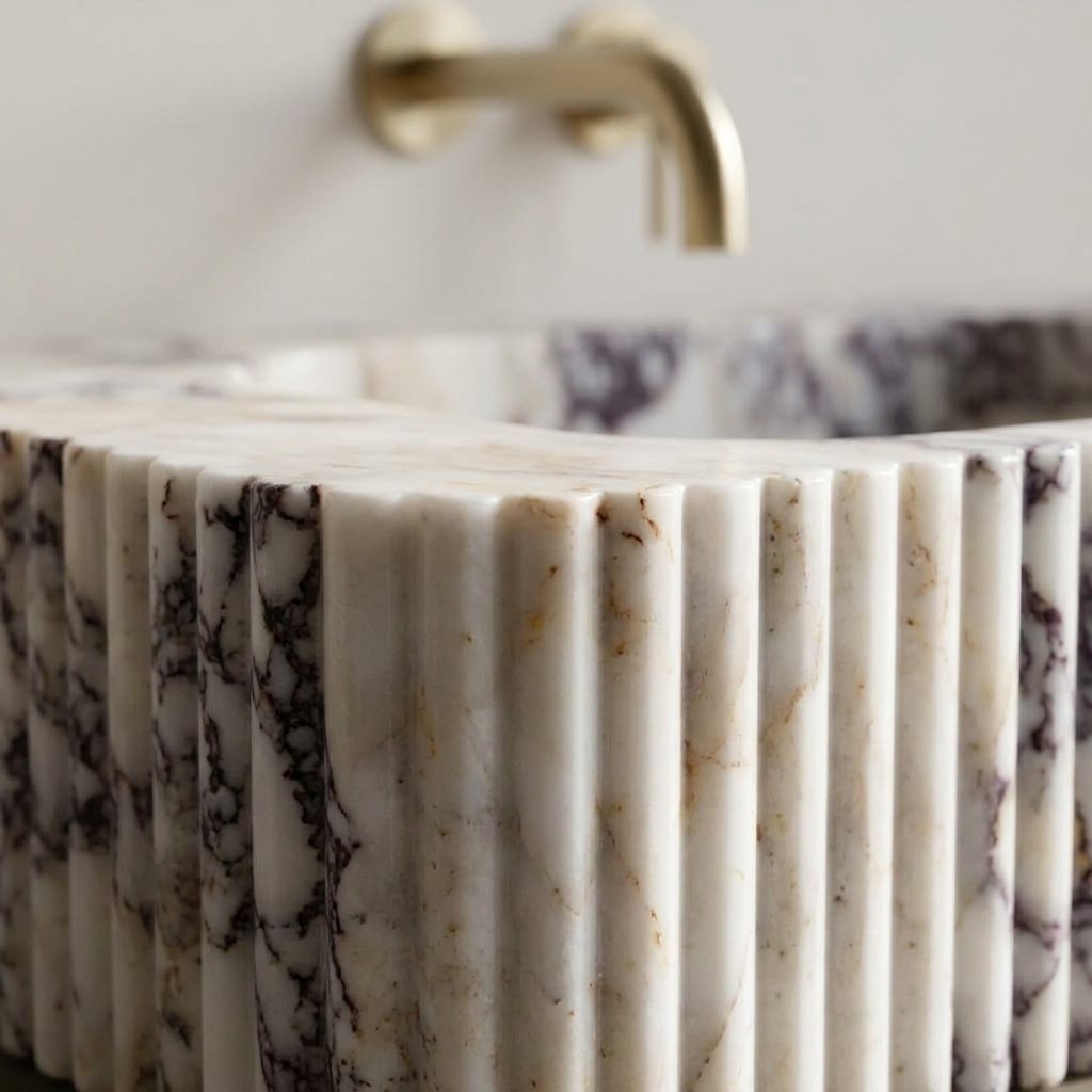 Calacatta Viola Fluted Polished Marble Sink — marble detail — view 3