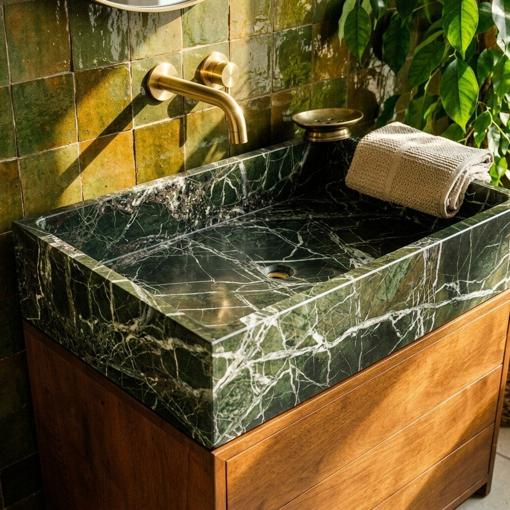 Verde Polished Marble Sink with Wood Vanity — premium — view 2