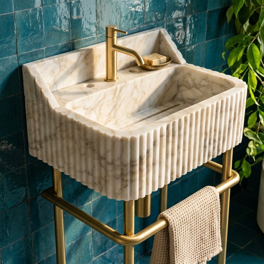Calacatta Gold Fluted Marble Sink with Brass Stand — premium — view 2