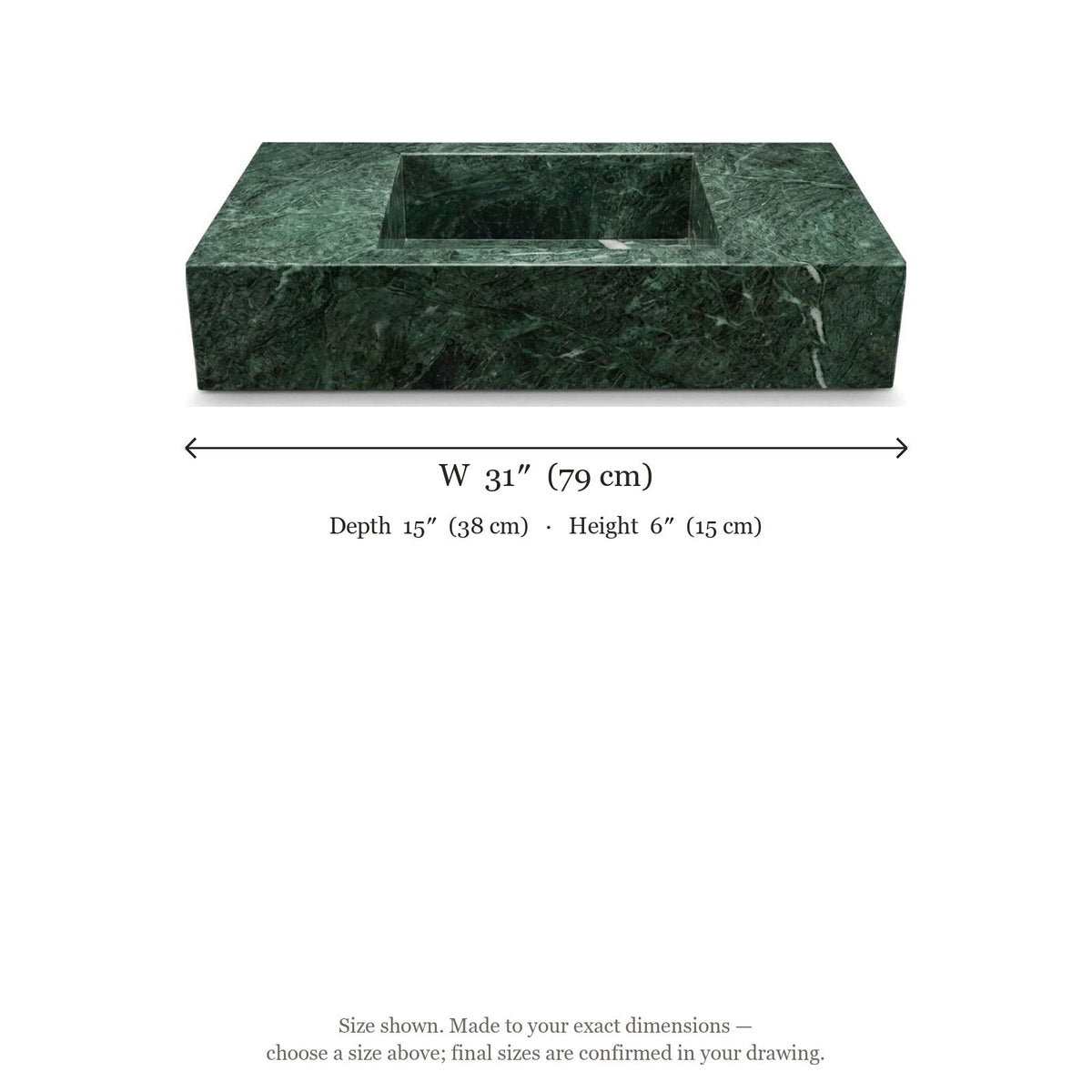 Verde Levanto Polished Rectangular Marble Vessel Sink — dimensions — view 5