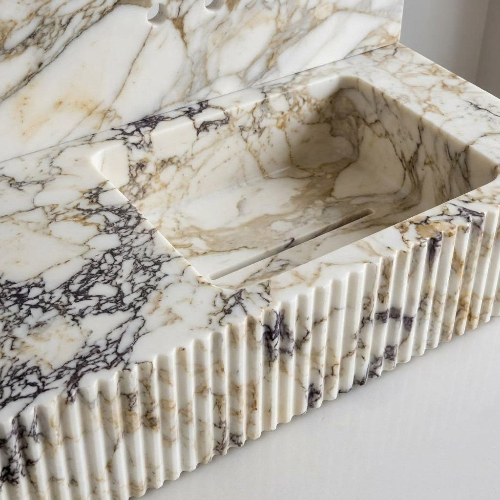 Calacatta Gold Fluted Marble Sink with Backsplash — detail — view 4