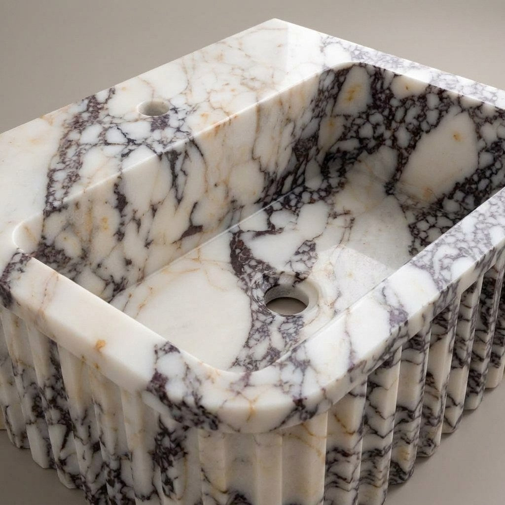 Calacatta Viola Fluted Polished Marble Sink — detail — view 4