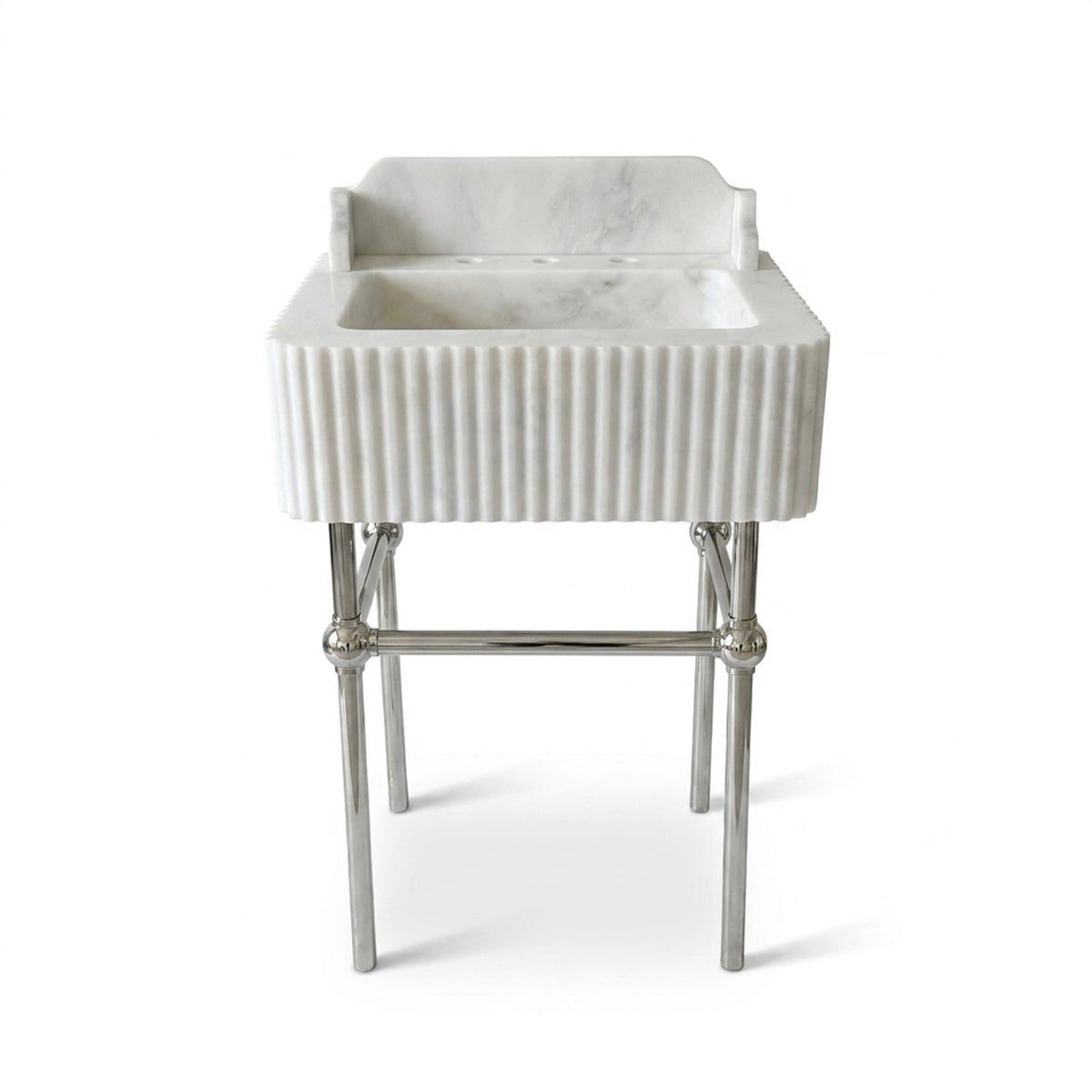 Carrara Fluted Marble Sink with Metal Stand and Backsplash — view 1