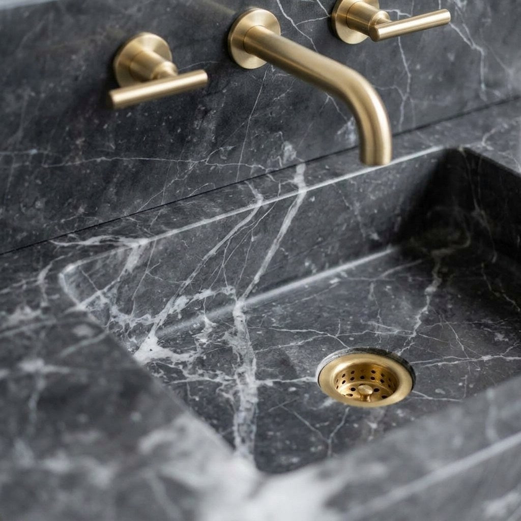 Pietra Notte Honed Marble Sink with Backsplash — marble detail — view 3