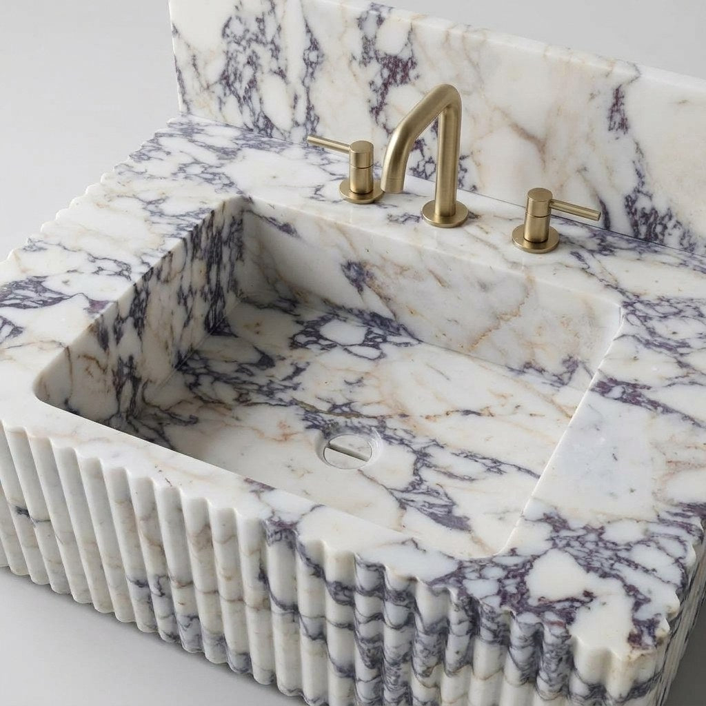 Calacatta Viola Fluted Marble Sink with Backsplash — detail — view 3