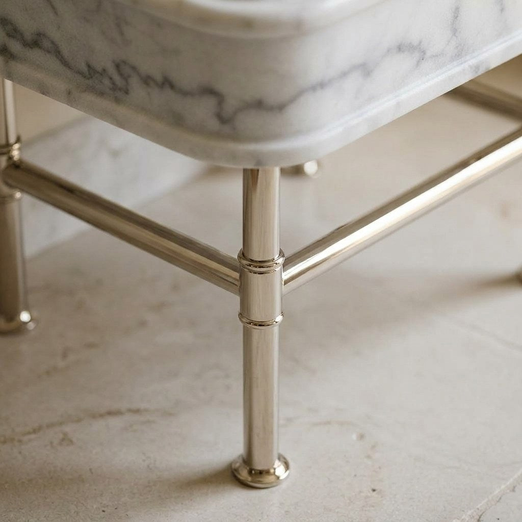 Carrara Marble Vanity Sink with Brushed Steel Stand — detail — view 4