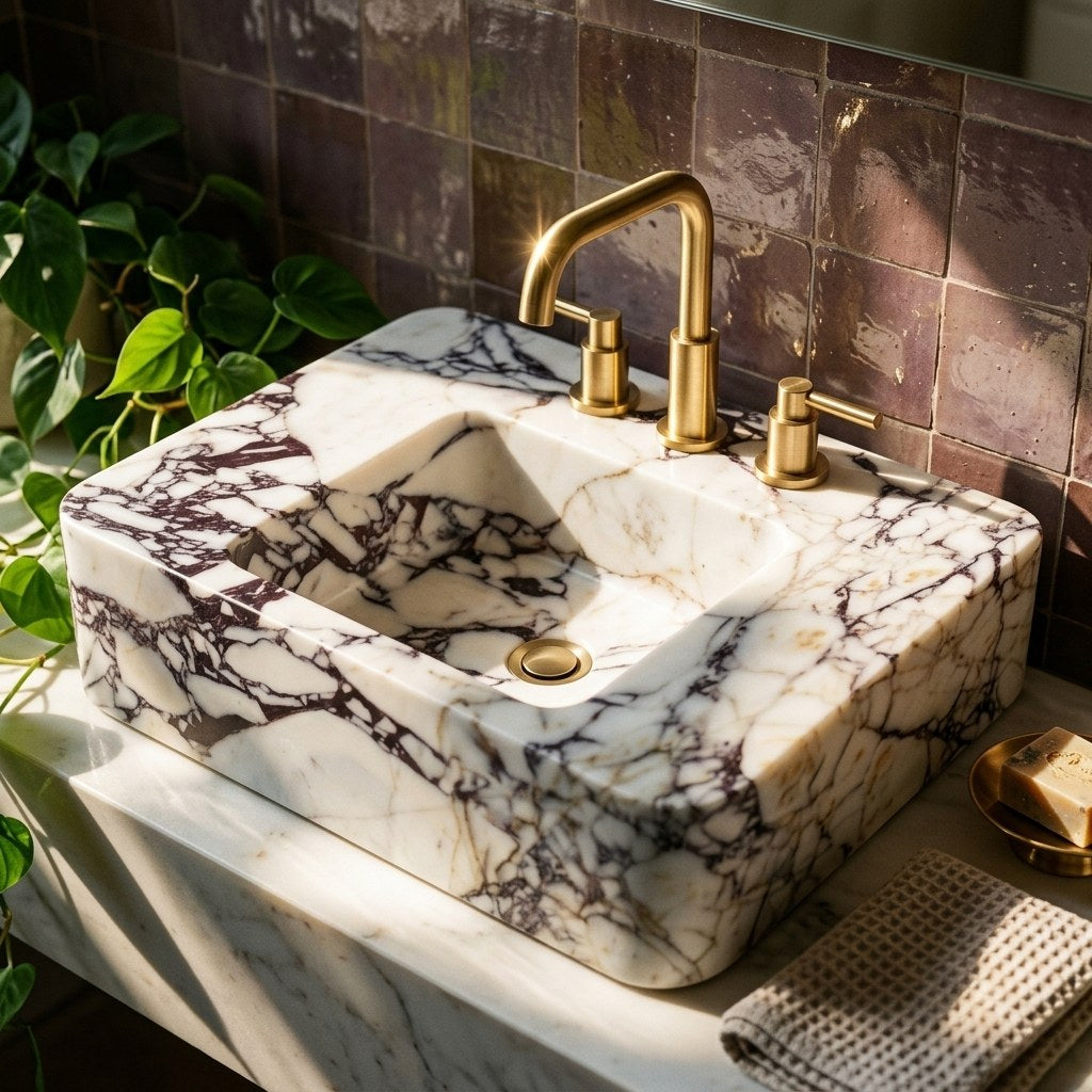 Calacatta Viola Polished Marble Sink with 3 Faucet Holes — premium — view 2