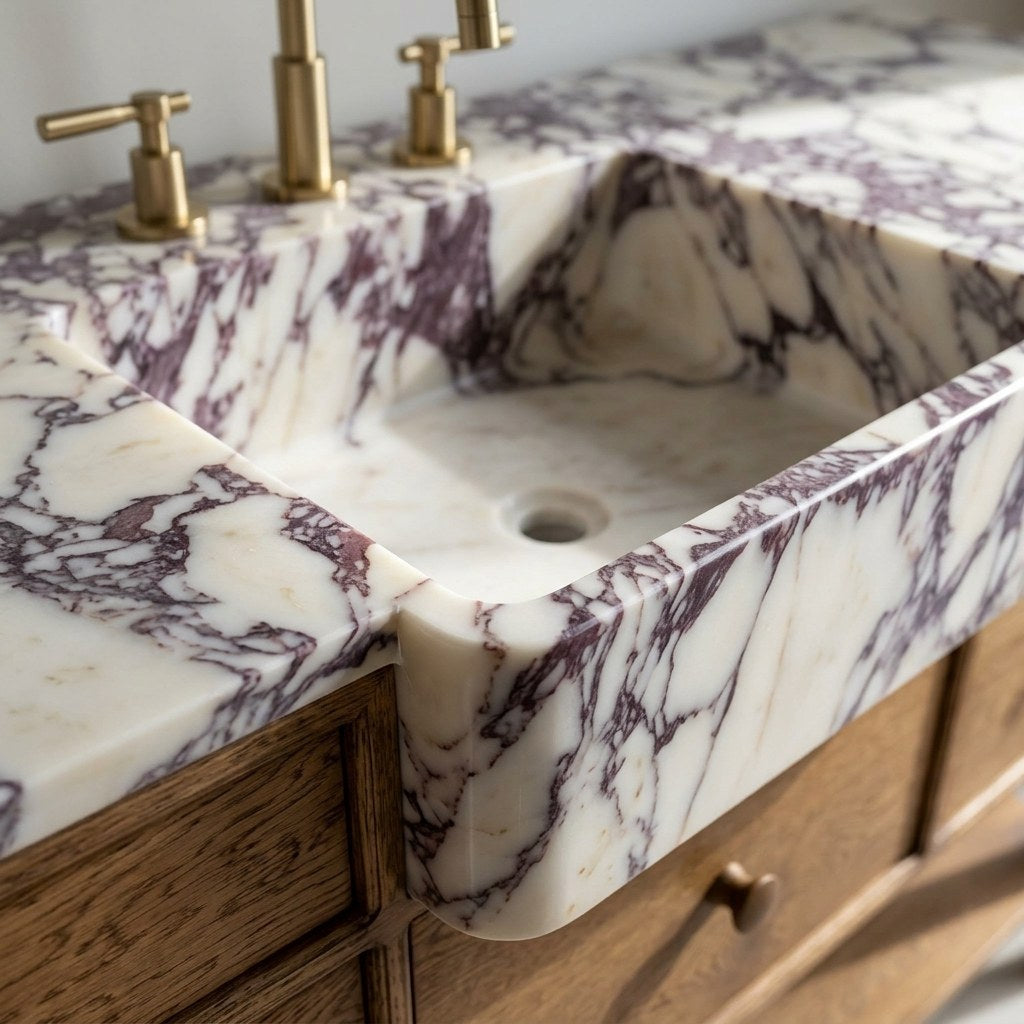 Calacatta Viola Marble Vanity with Wood Cabinet — marble detail — view 2