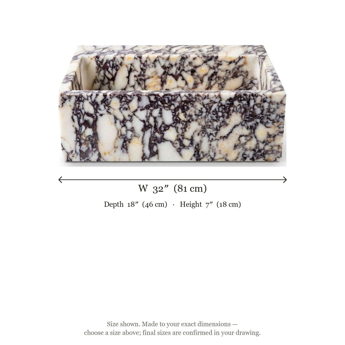 Calacatta Viola Polished Marble Sink with 3 Faucet Holes — dimensions — view 5