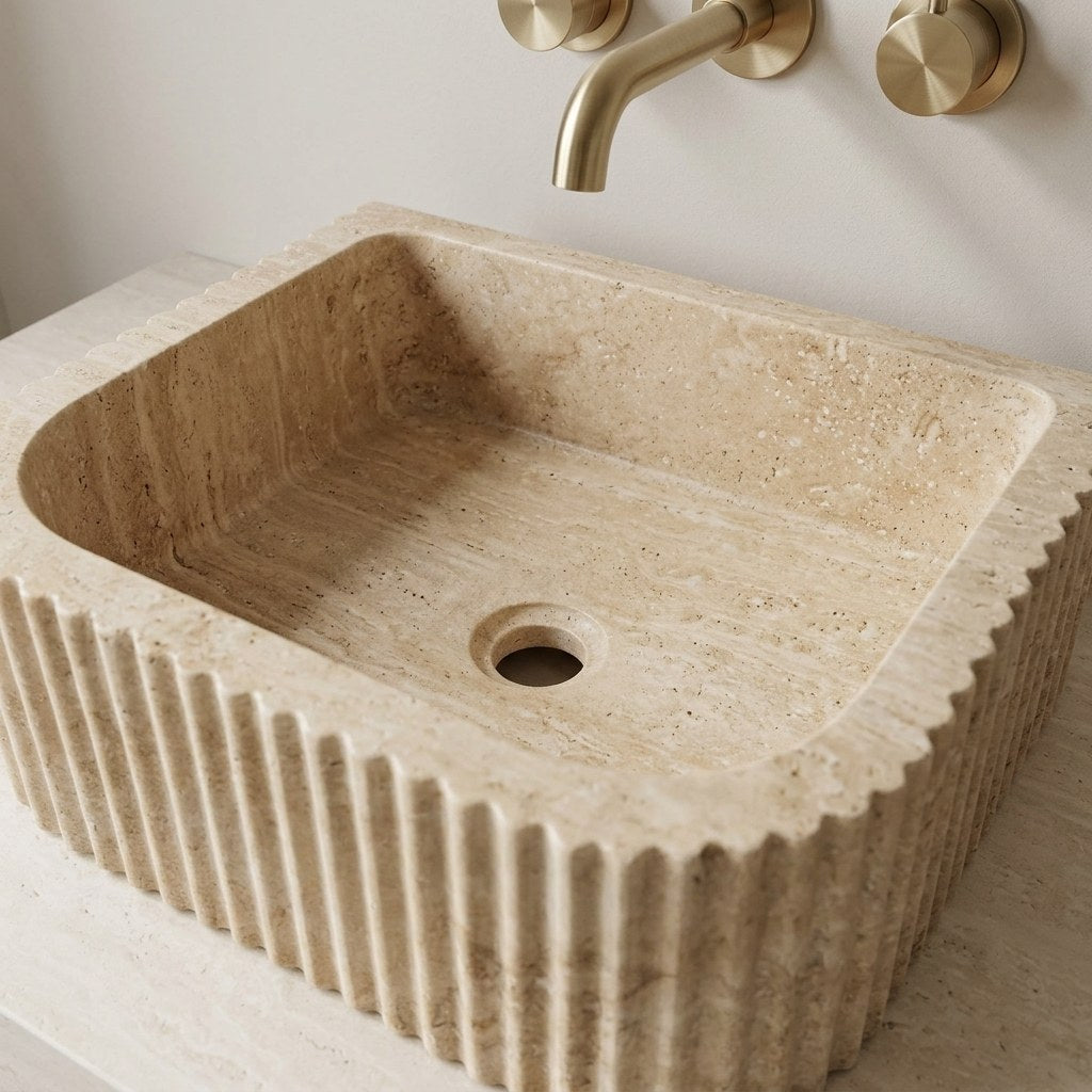 Travertine Fluted Travertine Sink — detail — view 4